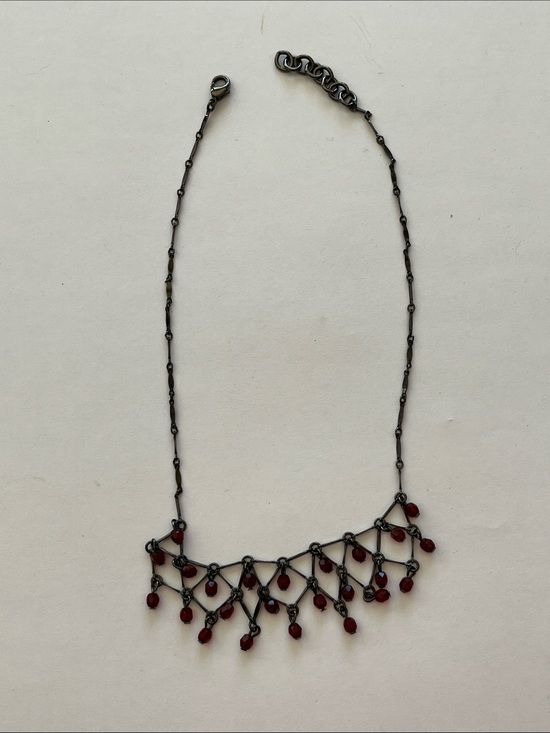 Jewelry - Elegant Black Chain Necklace with Red Bead Fringe